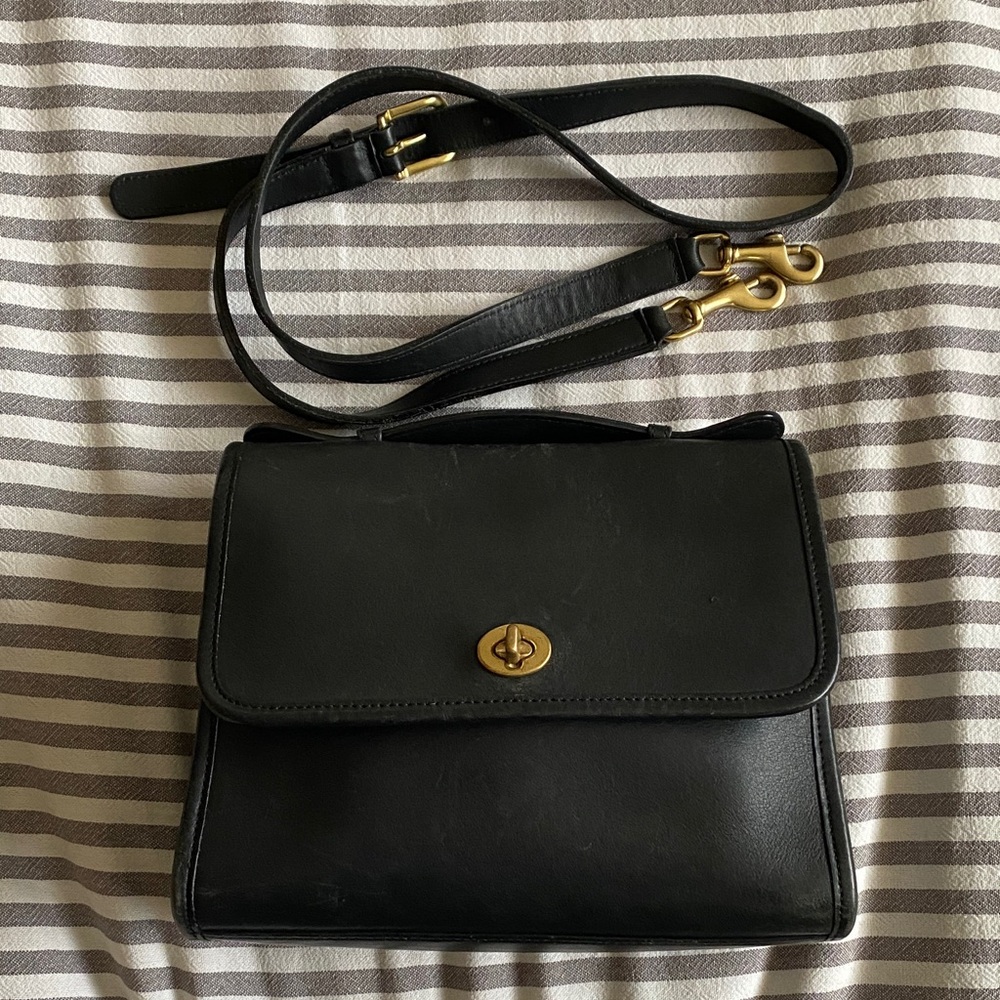Coach Black Leather Court Crossbody with Gold-Tone Turnlock